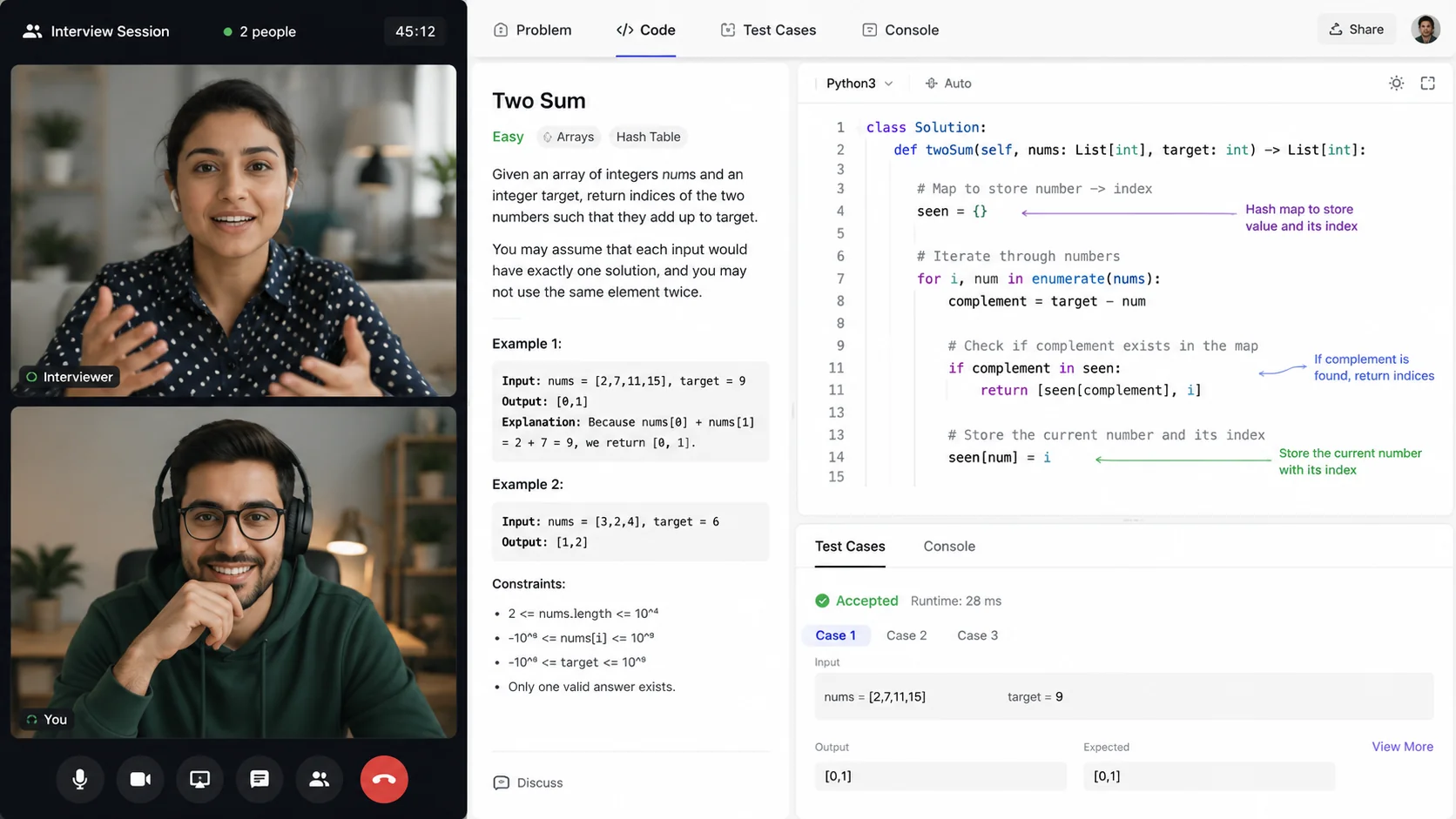 Developer in a video call mock interview, writing code on a shared coding environment