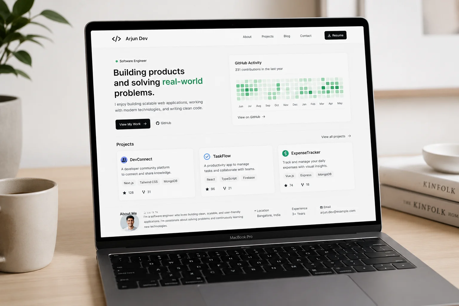 A clean software engineering portfolio displayed on a laptop screen