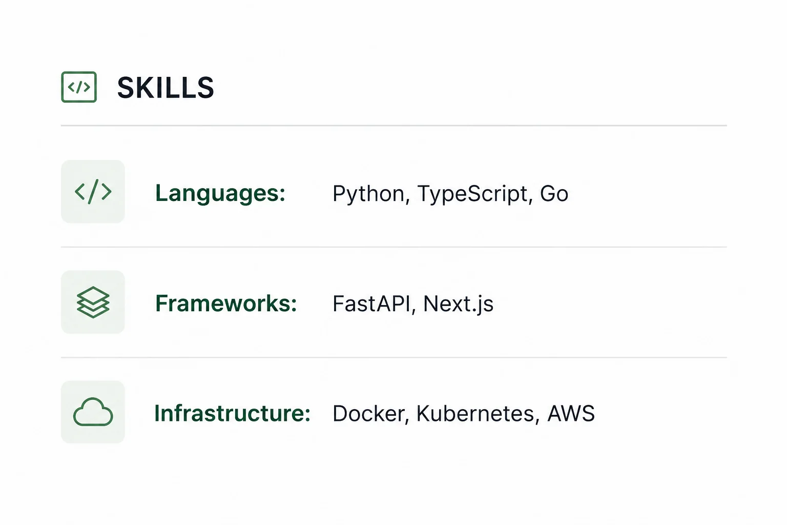 A well-structured skills section in a software engineering resume